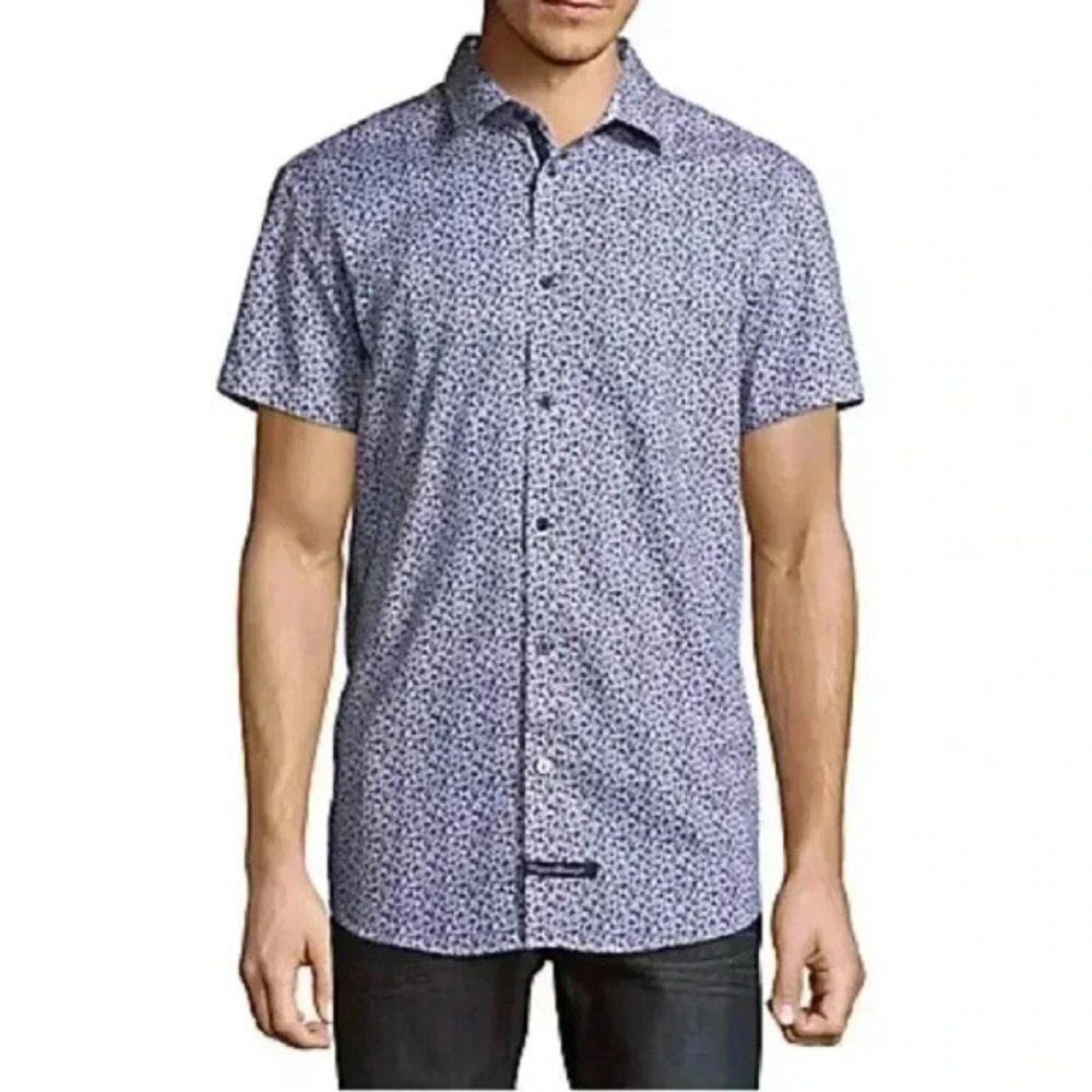 English Laundry Button Up Shirt Short Sleeve Stretch Fitted Casual Blue Medium